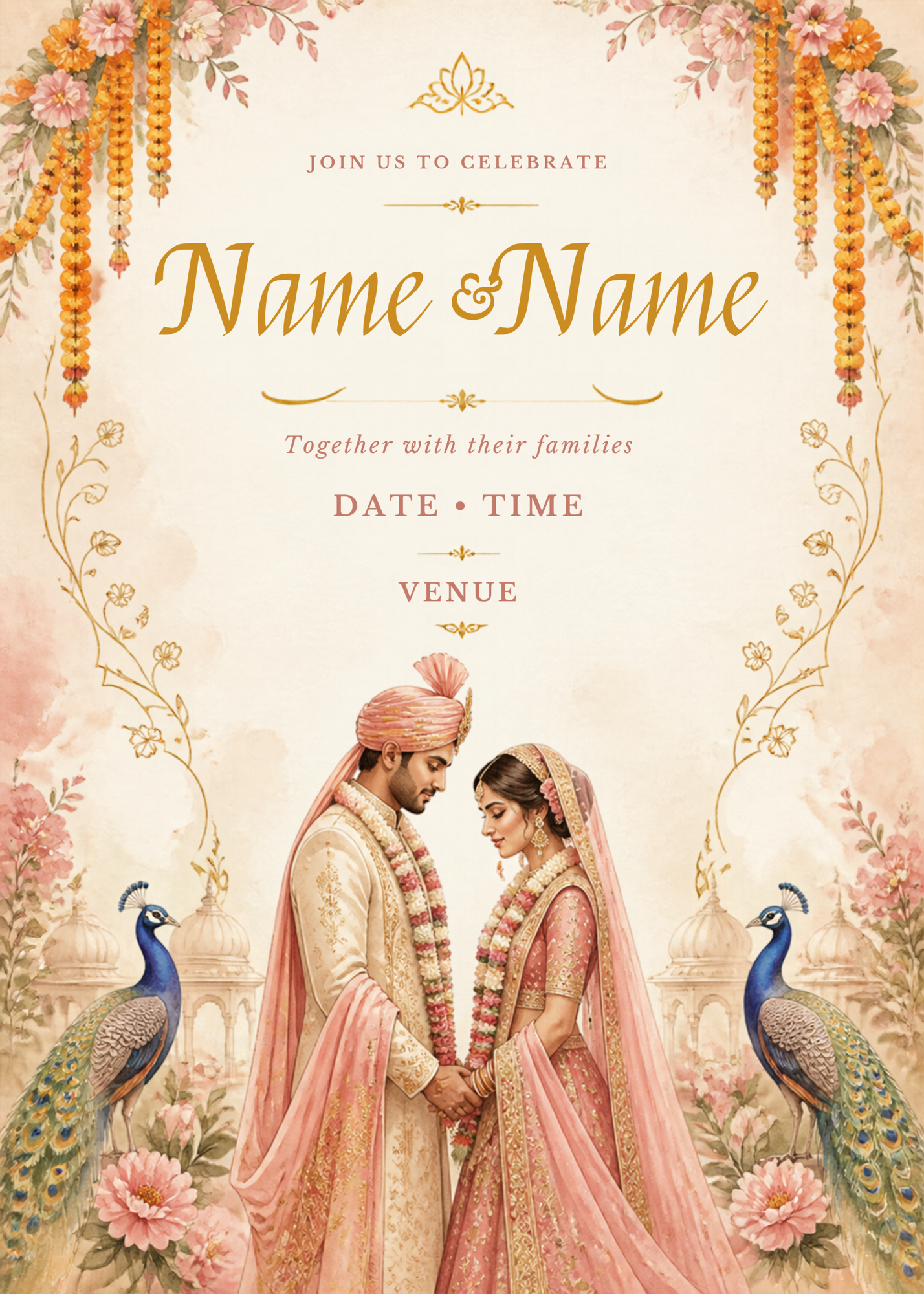 Peacock Marigold Couple free wedding invitation
